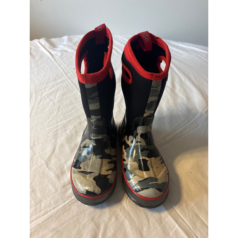 DSG Camo Rubber Neoprene Rain Boots Youth Size 3 Black Gray Red Excellent